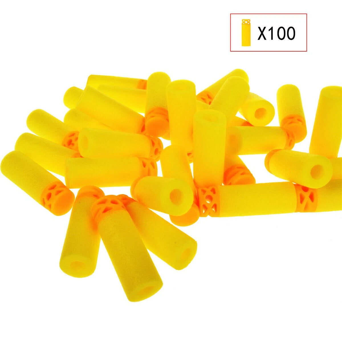 A pile of yellow EVA foam short darts for Nerf blasters, shown under a 100x magnification.