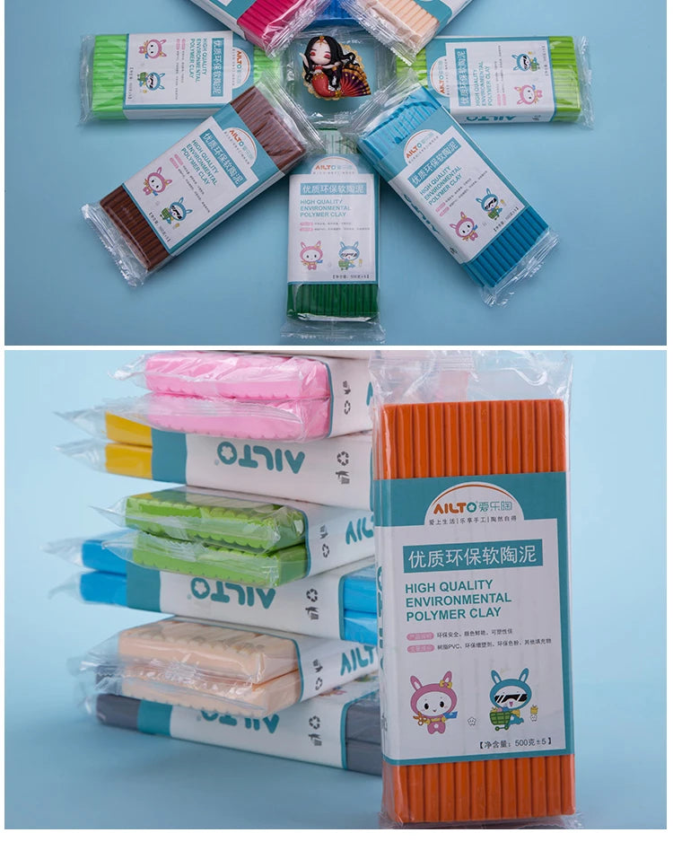 A kit of colorful polymer clay modeling clay in various shades and colors packaged for crafting