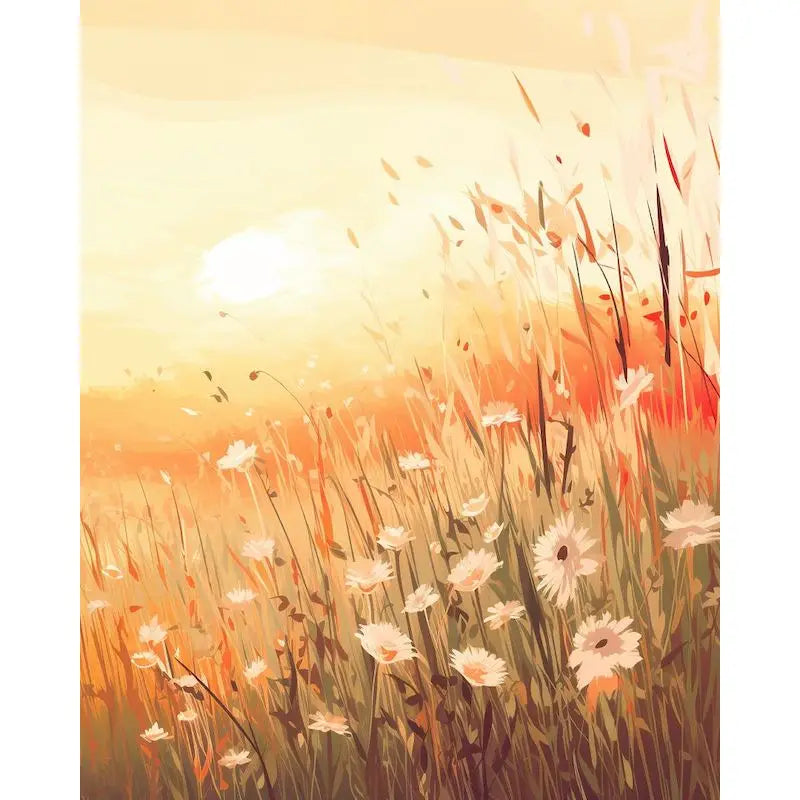 A vibrant oil painting style image of a golden sunset over tall wildflowers and grasses.