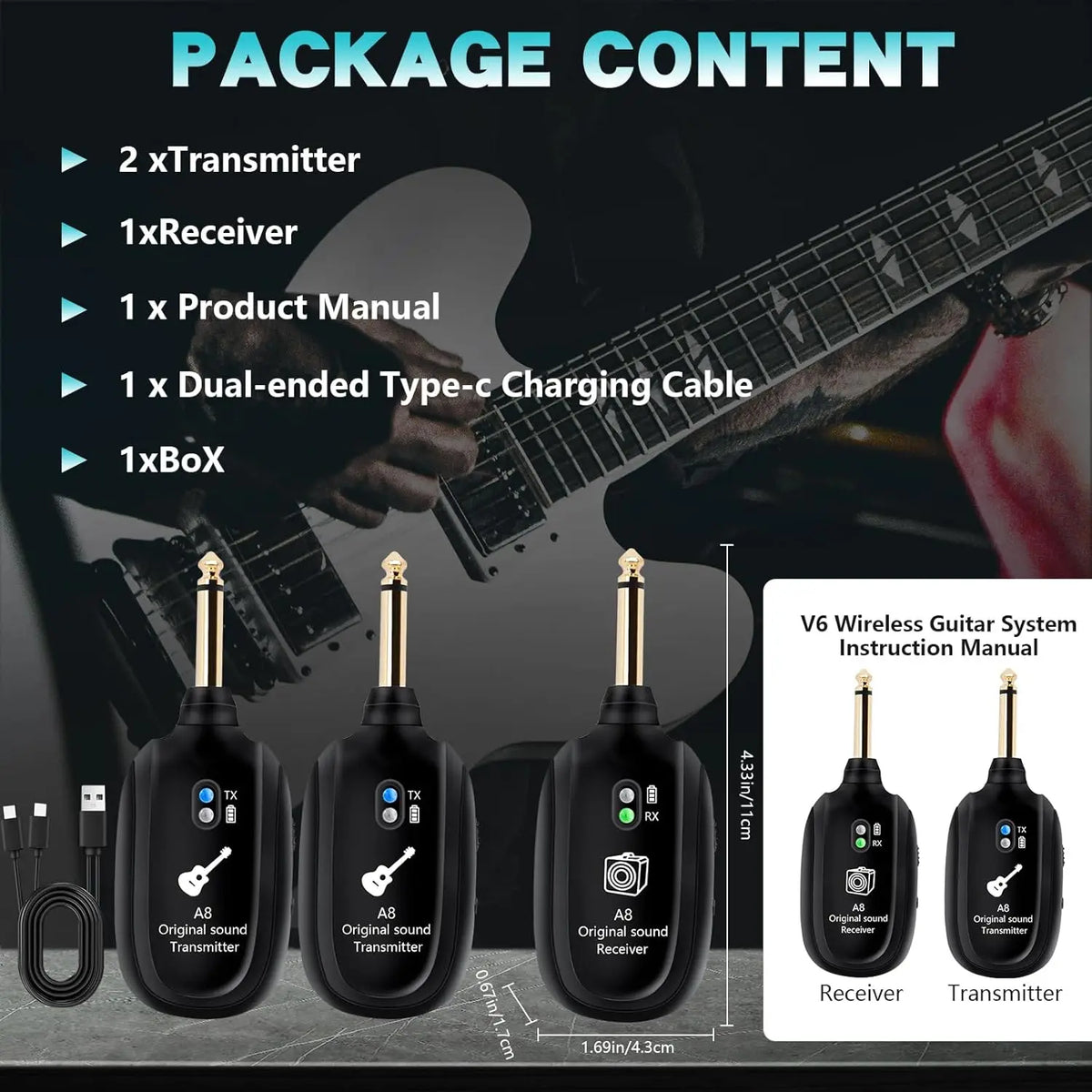 Package content showing two transmitters, one receiver, a manual, and a dual-ended Type-C charging cable for the A8 wireless 