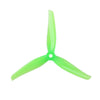 A single bright lime green drone propeller with a three-blade design.