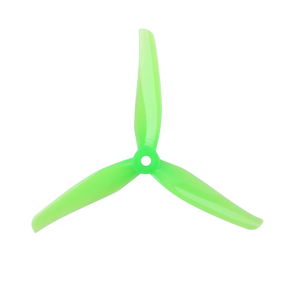 A single bright lime green drone propeller with a three-blade design.