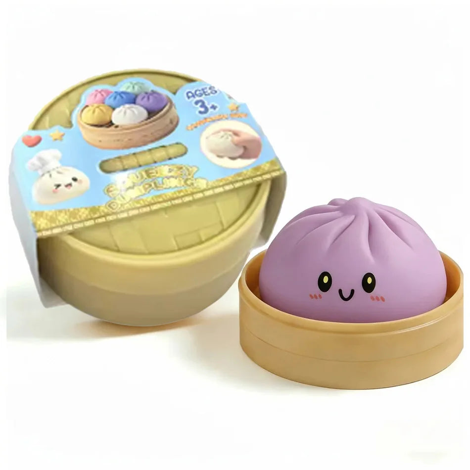 A purple dumpling squishy stress ball is shown in a light brown container with a steamer basket insert.