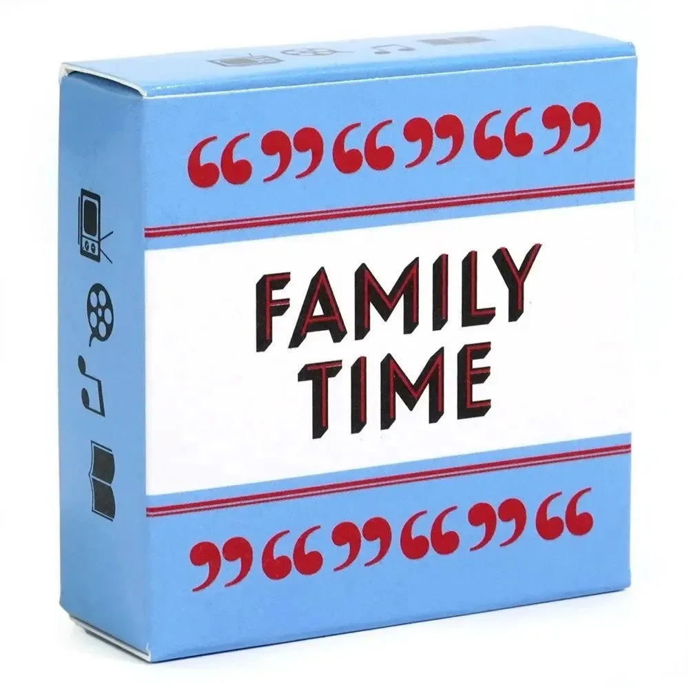 A box of Family Time Conversation Card Game with red and blue text on a light blue background