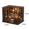 A wooden miniature dollhouse kit featuring detailed furniture, bookshelves, and decorative elements with LED lighting.
