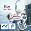 A white water gun with a clear tank is shown against a tiled background, demonstrating its features.