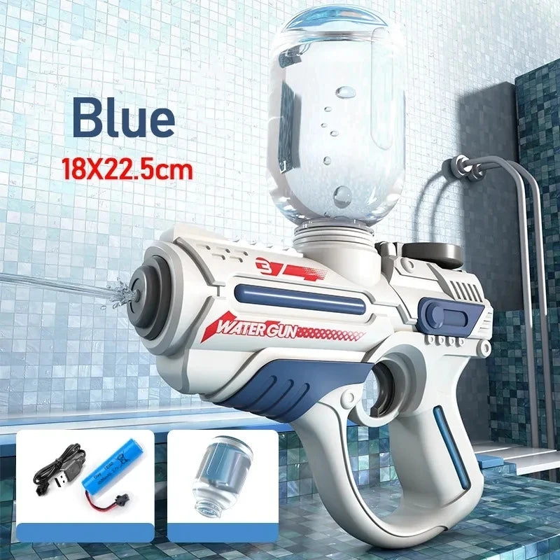 A white water gun with a clear tank is shown against a tiled background, demonstrating its features.