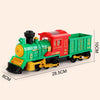 A red and green Christmas steam train toy featuring a locomotive and cargo car.