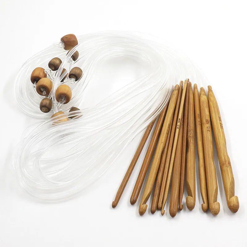A set of flexible bamboo Tunisian crochet hooks and a long length of clear fishing line are displayed on a white background.