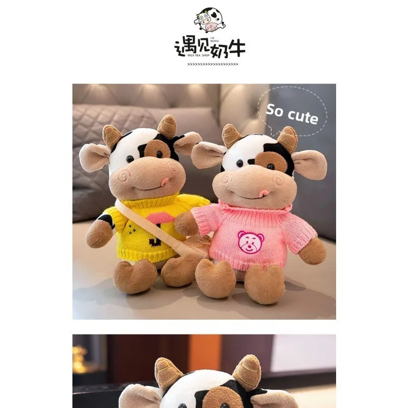 A soft, adorable plush toy of a cow with black and white markings, featuring pink and yellow clothing.
