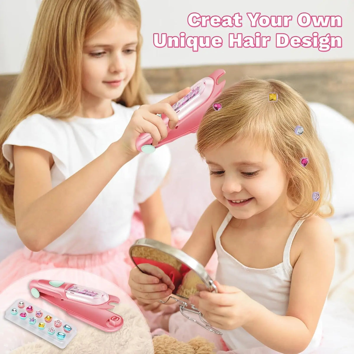 Two young girls are creating unique hair designs using a pink sparkle hair gem stamper kit.