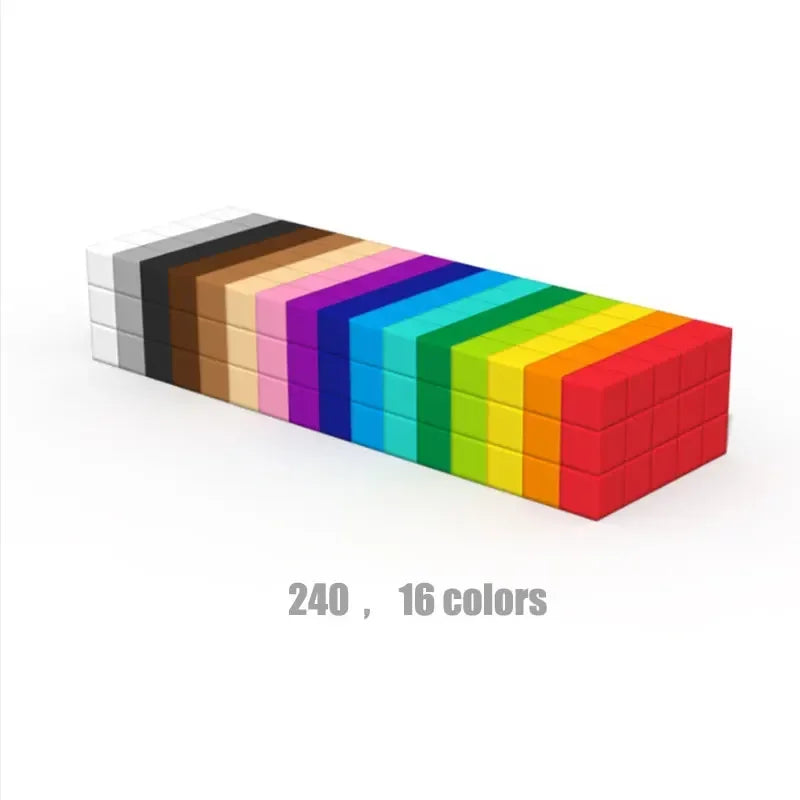 A long rectangular set of 16 colored building blocks arranged in a rainbow gradient.