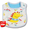 A yellow cartoon-themed baby feeding bib with a light blue backing and white fabric.