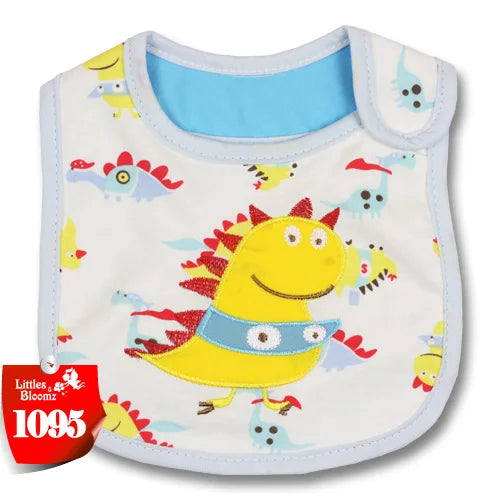 A yellow cartoon-themed baby feeding bib with a light blue backing and white fabric.