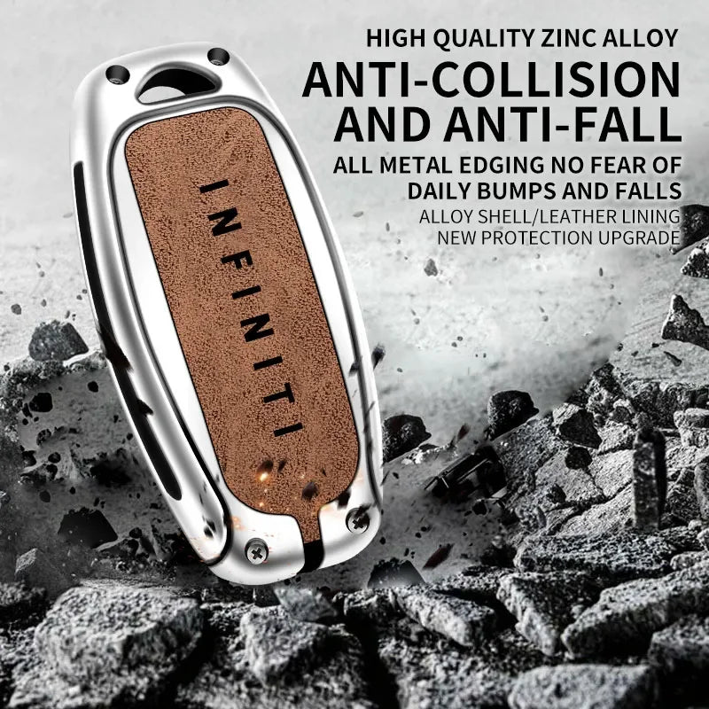 A silver zinc alloy key case cover with a textured brown finish is shown against a background of dark rocks.