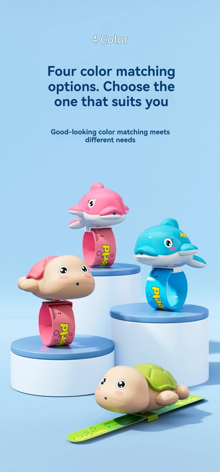 Four color matching options of turtle and dolphin shaped water guns displayed on white stands.