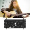A close-up of a person playing a guitar while a black chord trainer is displayed below.
