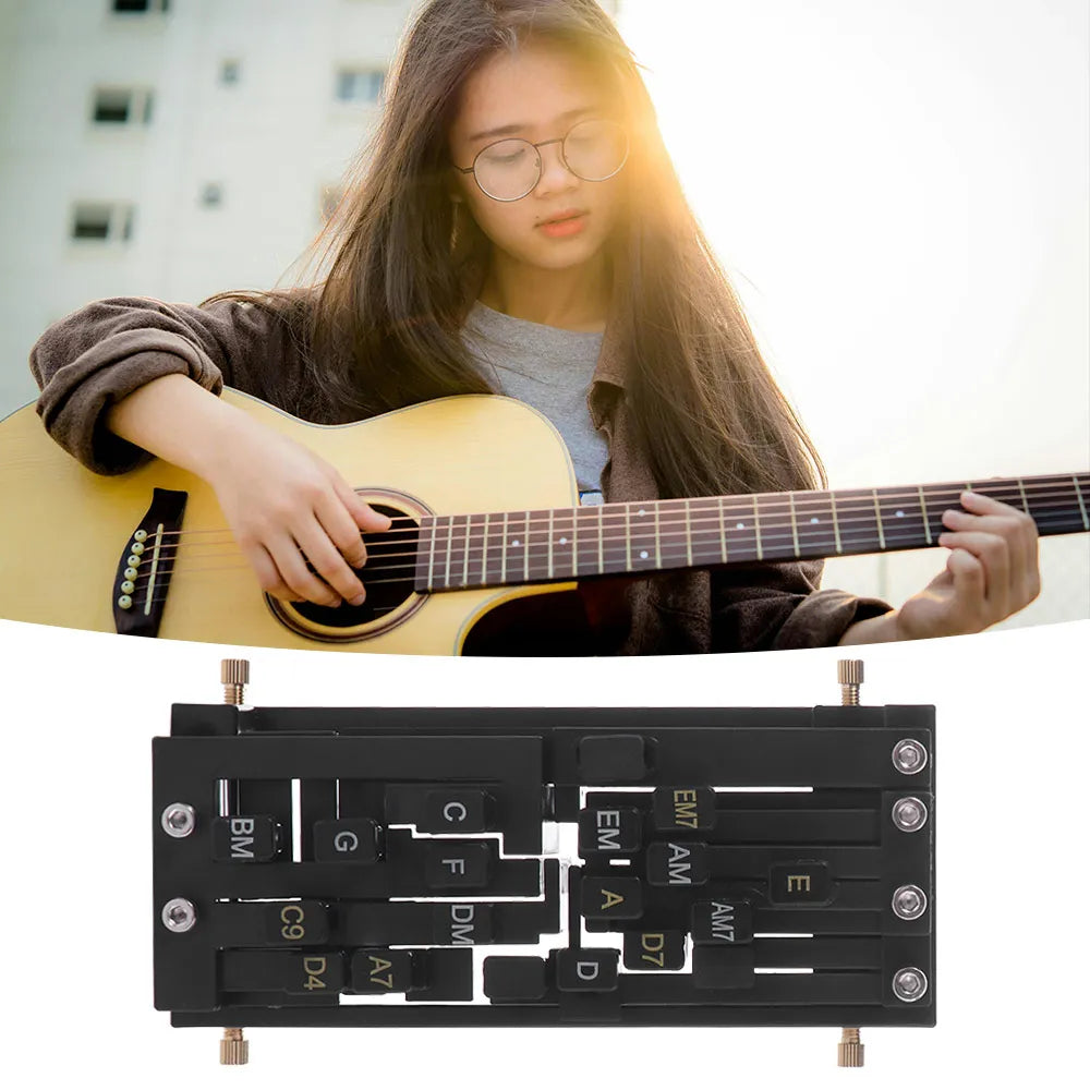 A close-up of a person playing a guitar while a black chord trainer is displayed below.
