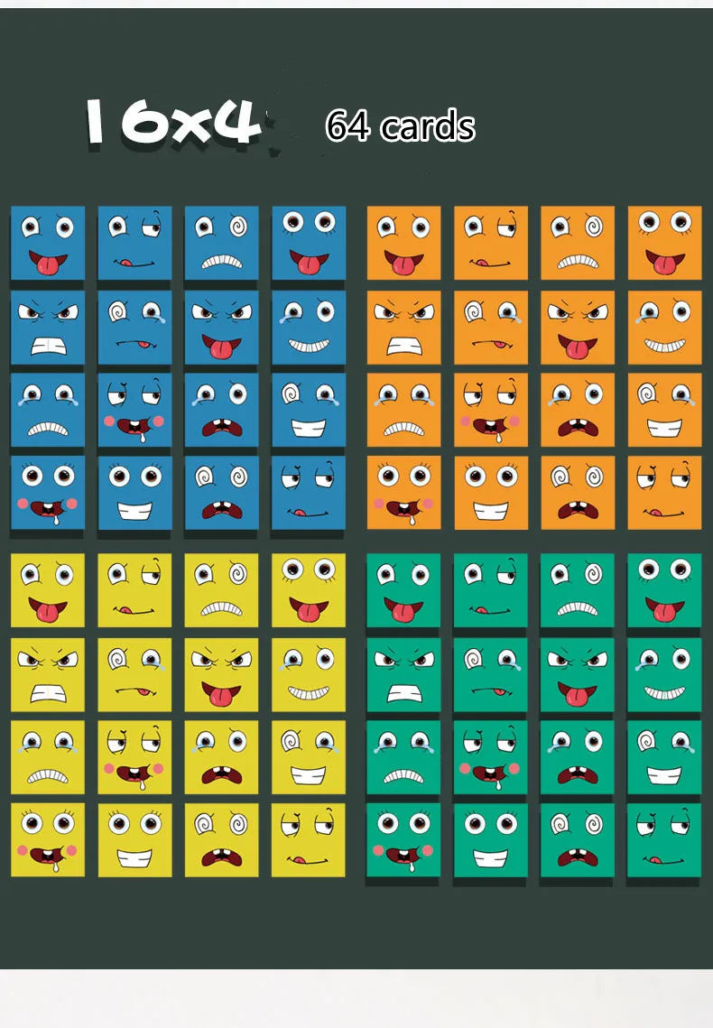 A grid of 64 wooden face-changing puzzle cards showing various facial expressions and emotions.