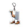 Acrylic keychain featuring a dog design wearing a shirt and holding a pair of brown leather shoes