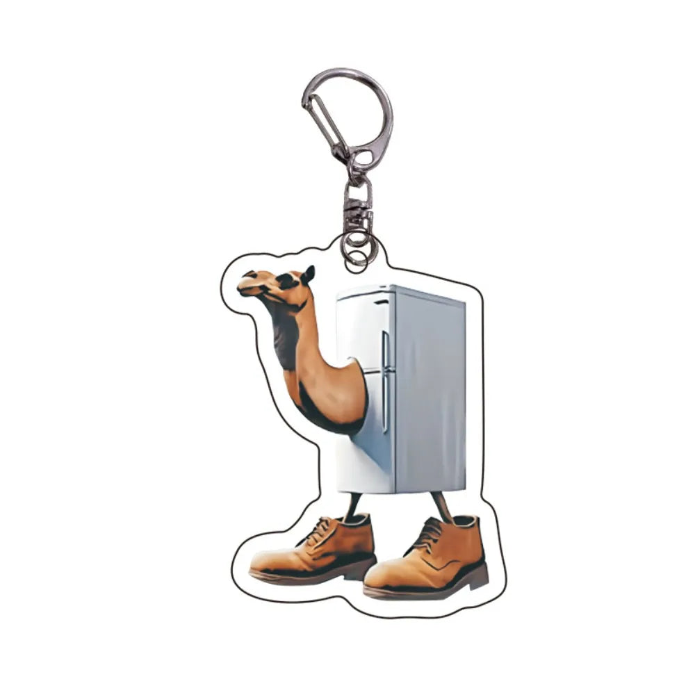 Acrylic keychain featuring a dog design wearing a shirt and holding a pair of brown leather shoes