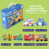 A box of a six-in-one large block transport puzzle set featuring various vehicles like an ambulance, police car, and school b