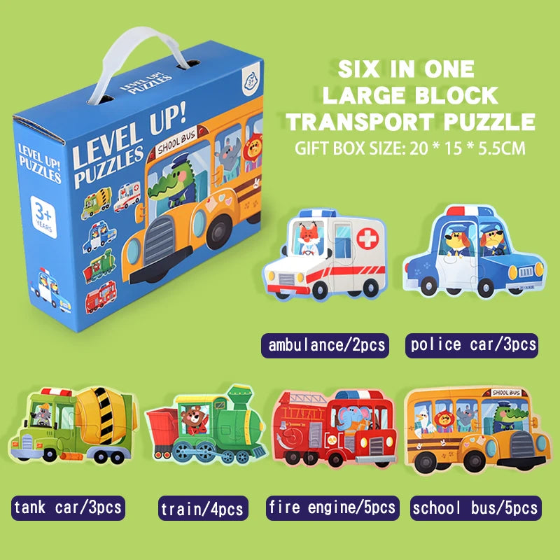 A box of a six-in-one large block transport puzzle set featuring various vehicles like an ambulance, police car, train, fire 