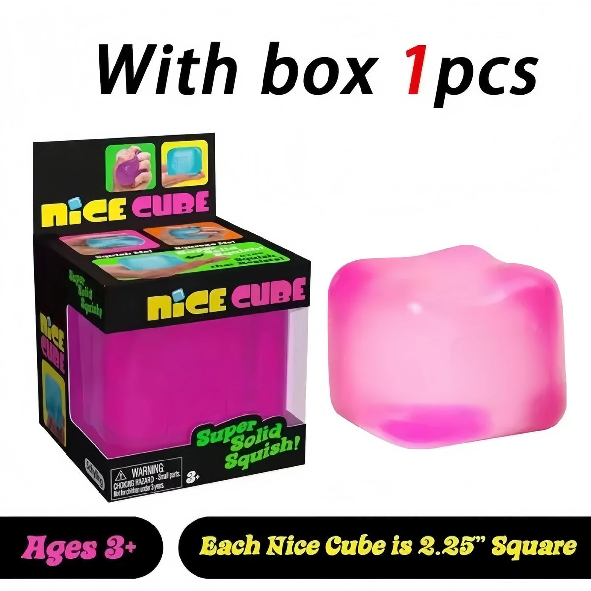 A box of 1 piece of pink squishy cube stress toy for ages 3 plus