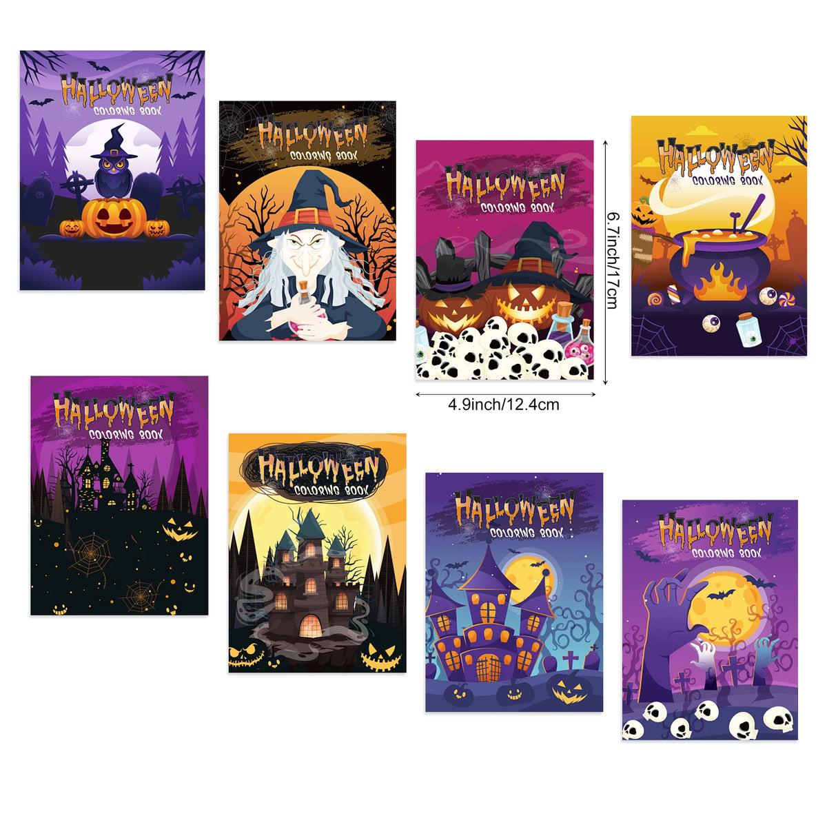 A collection of nine Halloween themed coloring book covers featuring spooky characters and scenes.