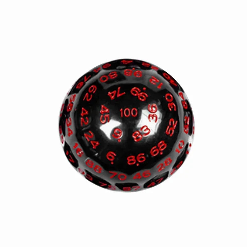 A black 100-sided acrylic polyhedral die showing various numbered faces.