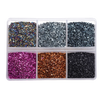 A clear plastic tray filled with various colors of crushed glass stones for resin and craft projects.