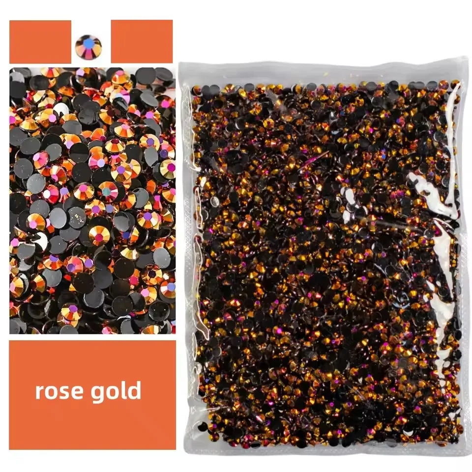 Bag of rose gold AB-coated flat back resin rhinestones for crafts and DIY projects