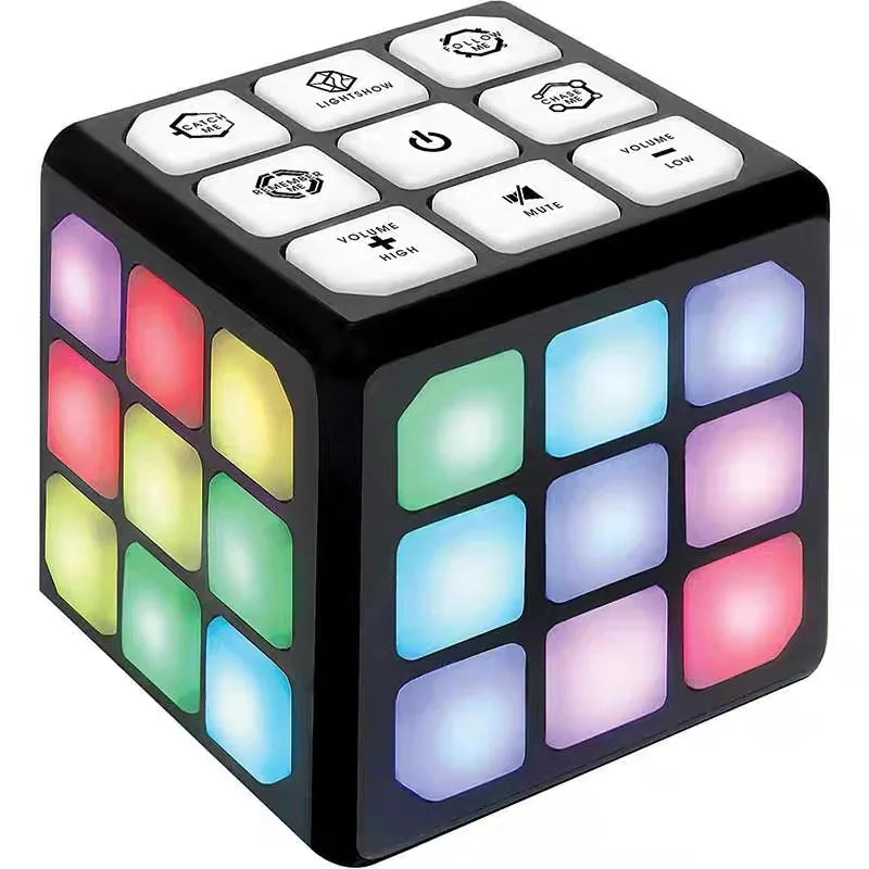A black cube musical brain teaser with flashing lights and various control buttons like volume and mute.