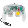 A white wired game controller for the Nintendo GameCube console.