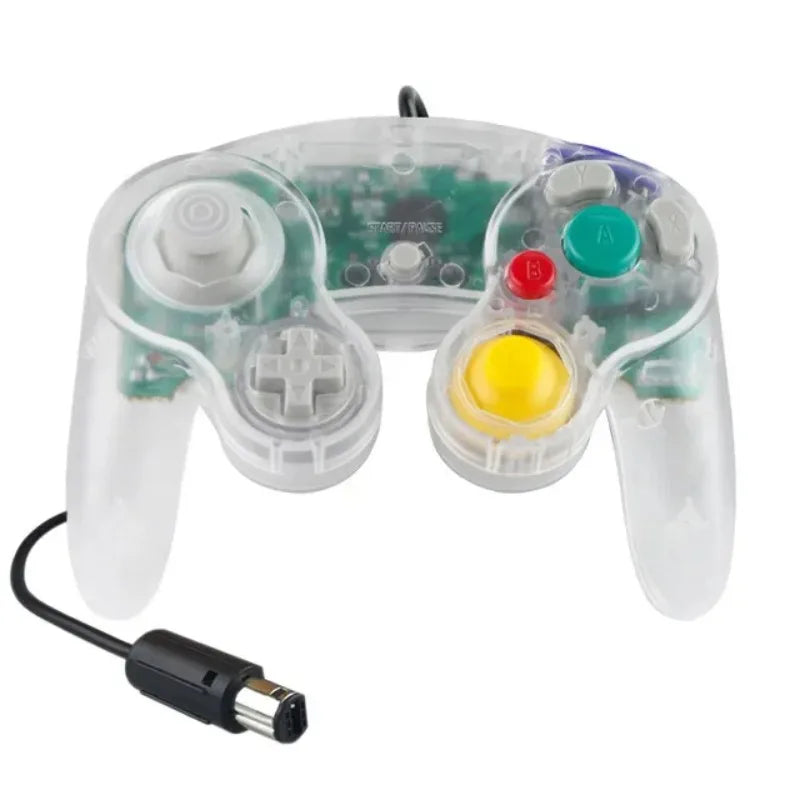 A white wired game controller for the Nintendo GameCube console.