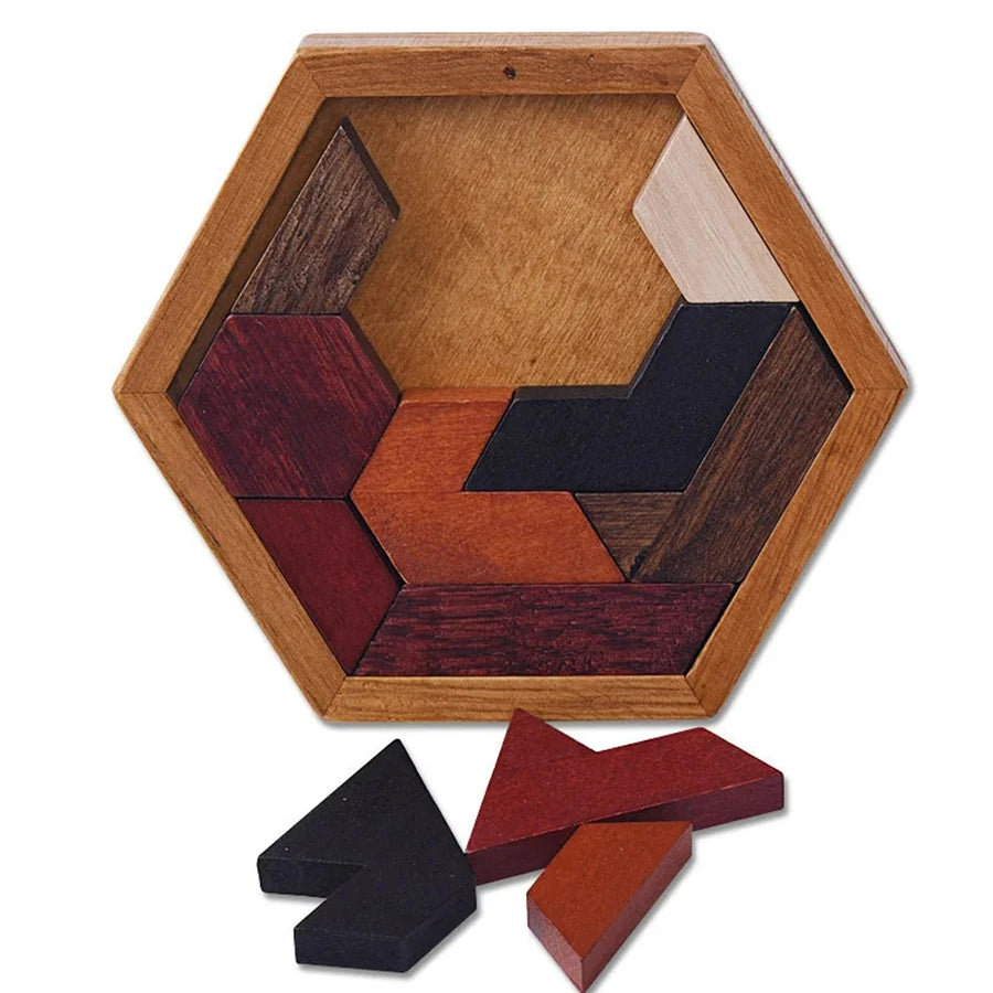 A wooden tangram puzzle set with various colored pieces arranged inside a hexagonal wooden frame.