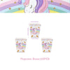 A set of ten colorful unicorn-themed popcorn boxes for a girls' birthday celebration.