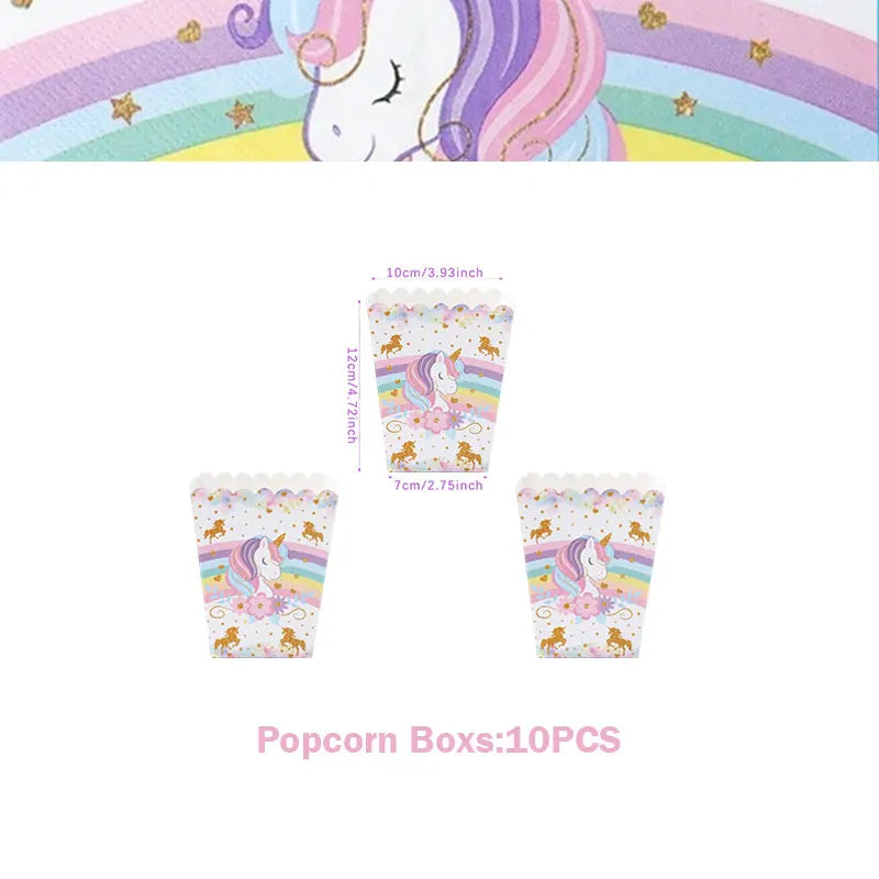 A set of ten colorful unicorn-themed popcorn boxes for a girls' birthday celebration.