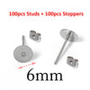 A set of 100 studs and 100 stoppers for DIY jewelry making, featuring 6mm stainless steel earring stud bases.