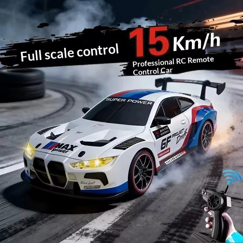 A white BMW-style RC drift car is shown driving on a track with smoke effects, controlled by a remote.