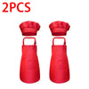 A pair of red kids' chef apron and hat set displayed side by side.