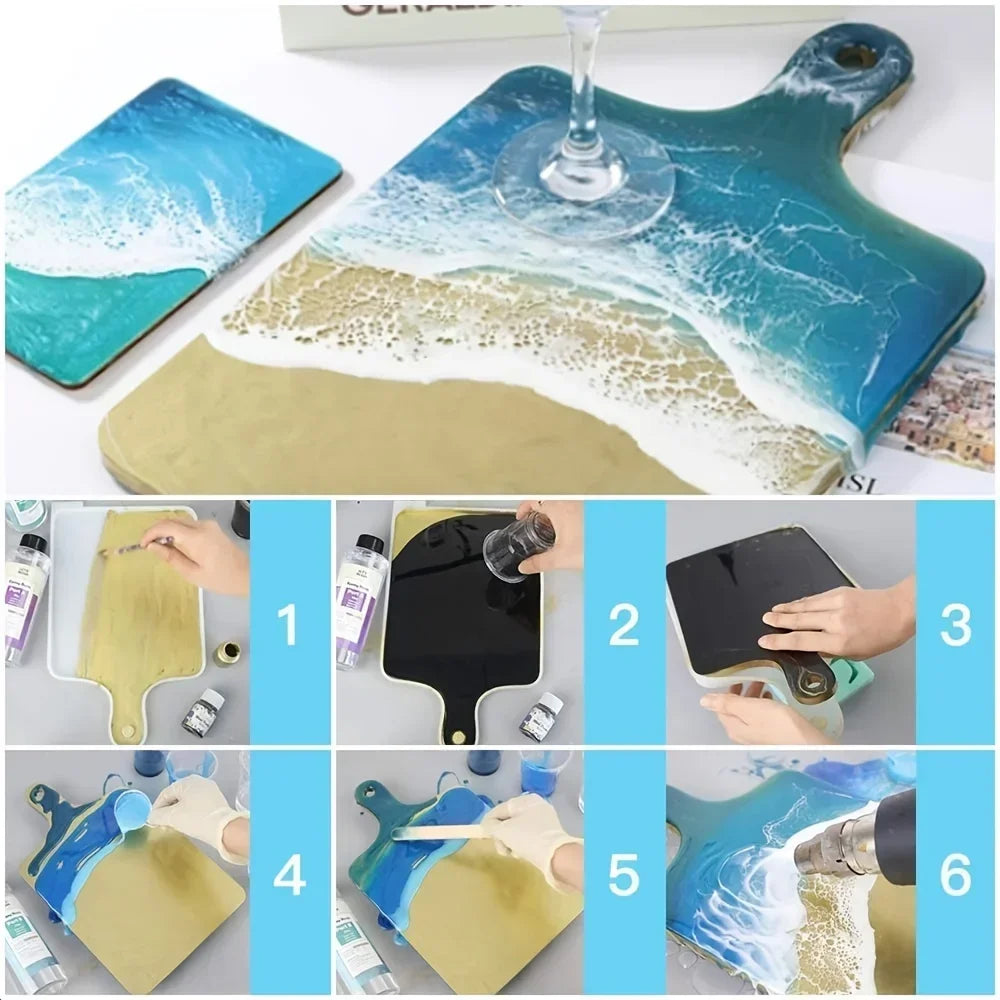 A set of flexible silicone resin casting molds showing various stages of use for DIY crafts.