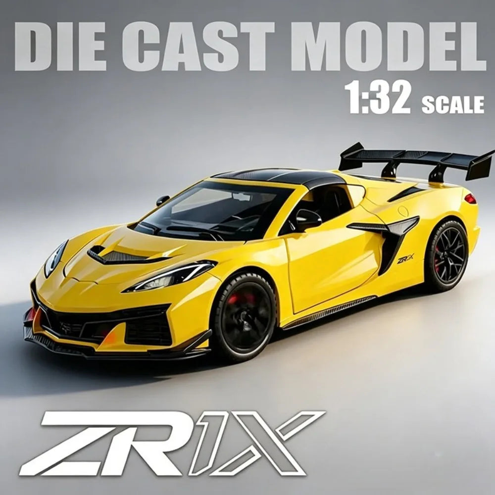 A yellow ZRX diecast model of a supercar in 1:32 scale, shown from the side.