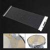 A long strip of snare drum wire strands for cajon and snare drums shown next to close-ups of its use.