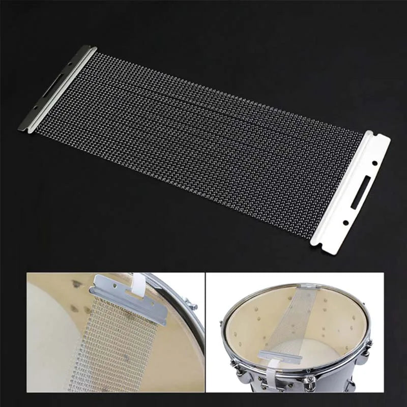 A long strip of snare drum wire strands for cajon and snare drums shown next to close-ups of its use.
