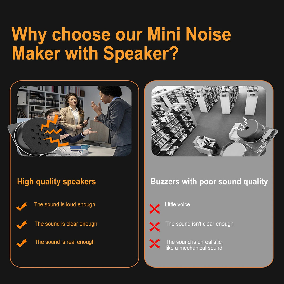 Comparison showing high quality speakers versus buzzers with poor sound quality.