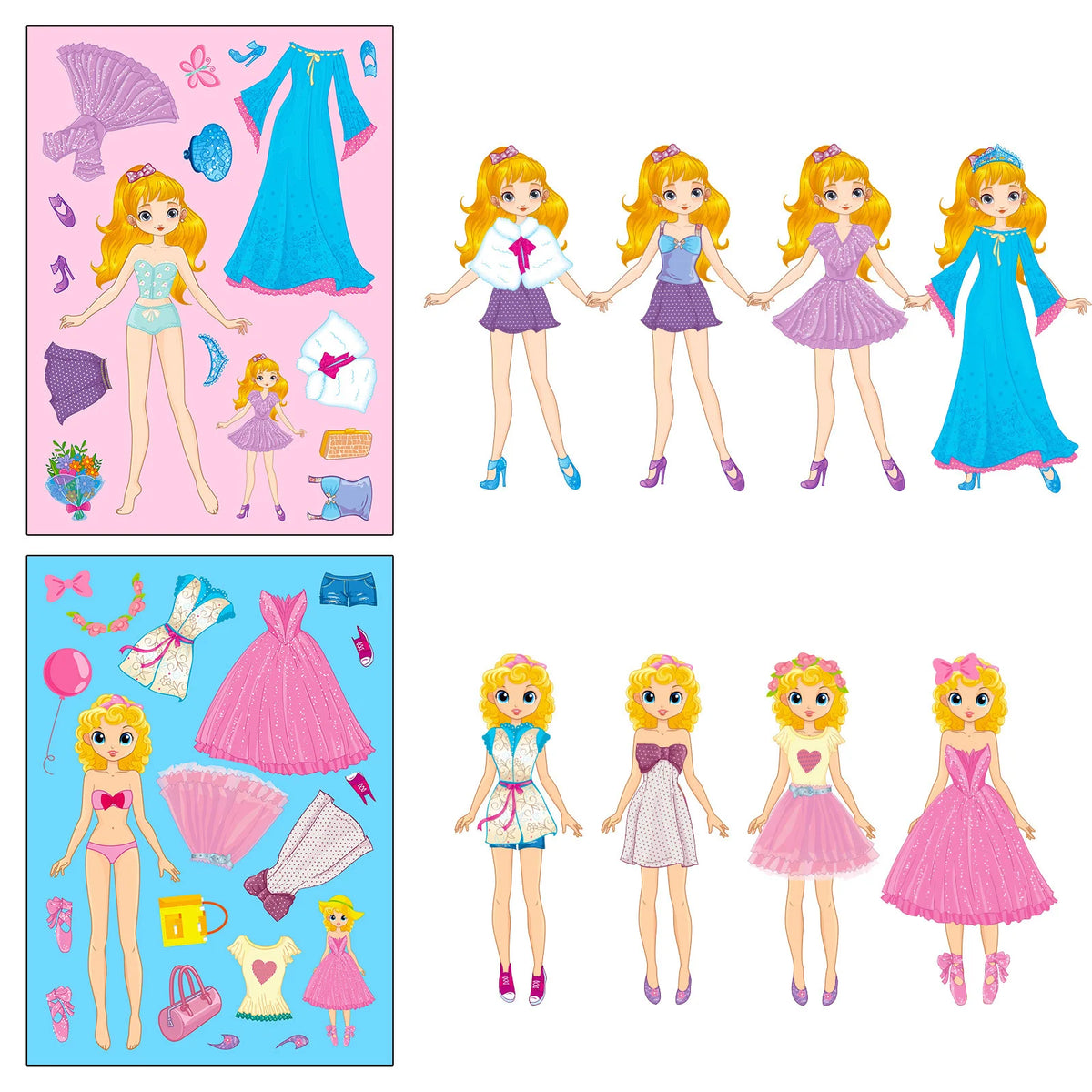 A set of colorful princess DIY sticker puzzles featuring various dresses and characters for creative kids.
