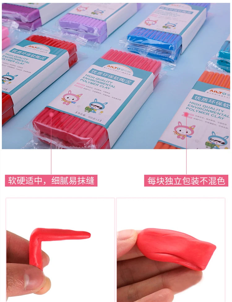 A close-up view of bright red polymer clay modeling clay in various packaging and a hand holding a piece of the clay.