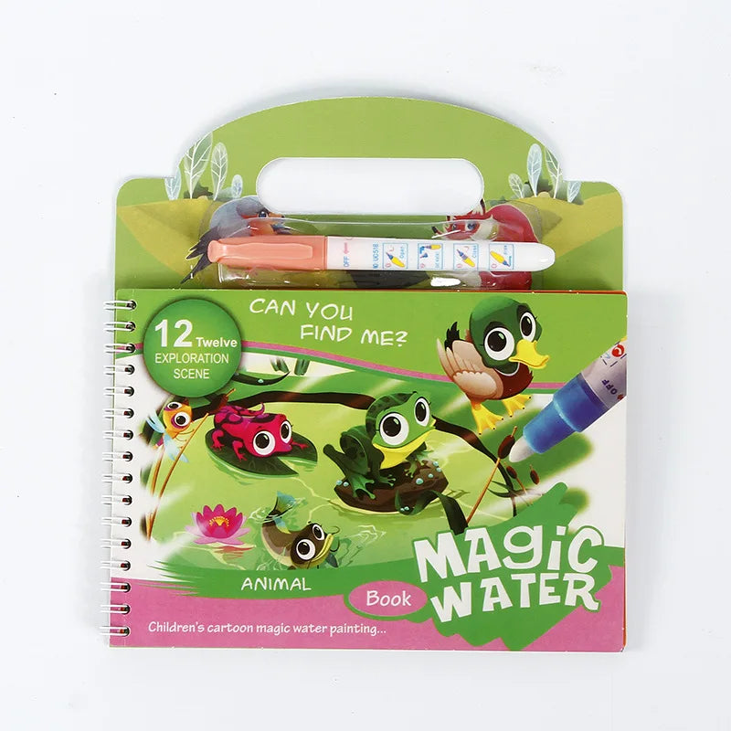 A children's magic water painting book featuring an animal scene and a plastic bottle.