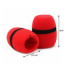 A red foam microphone windscreen cover with a black band, shown from the side and top view.